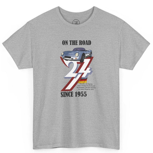 Front view of a sport gray born in 1955 t-shirt featuring the colorful hand-drawn car illustration, displayed on a clean background.
