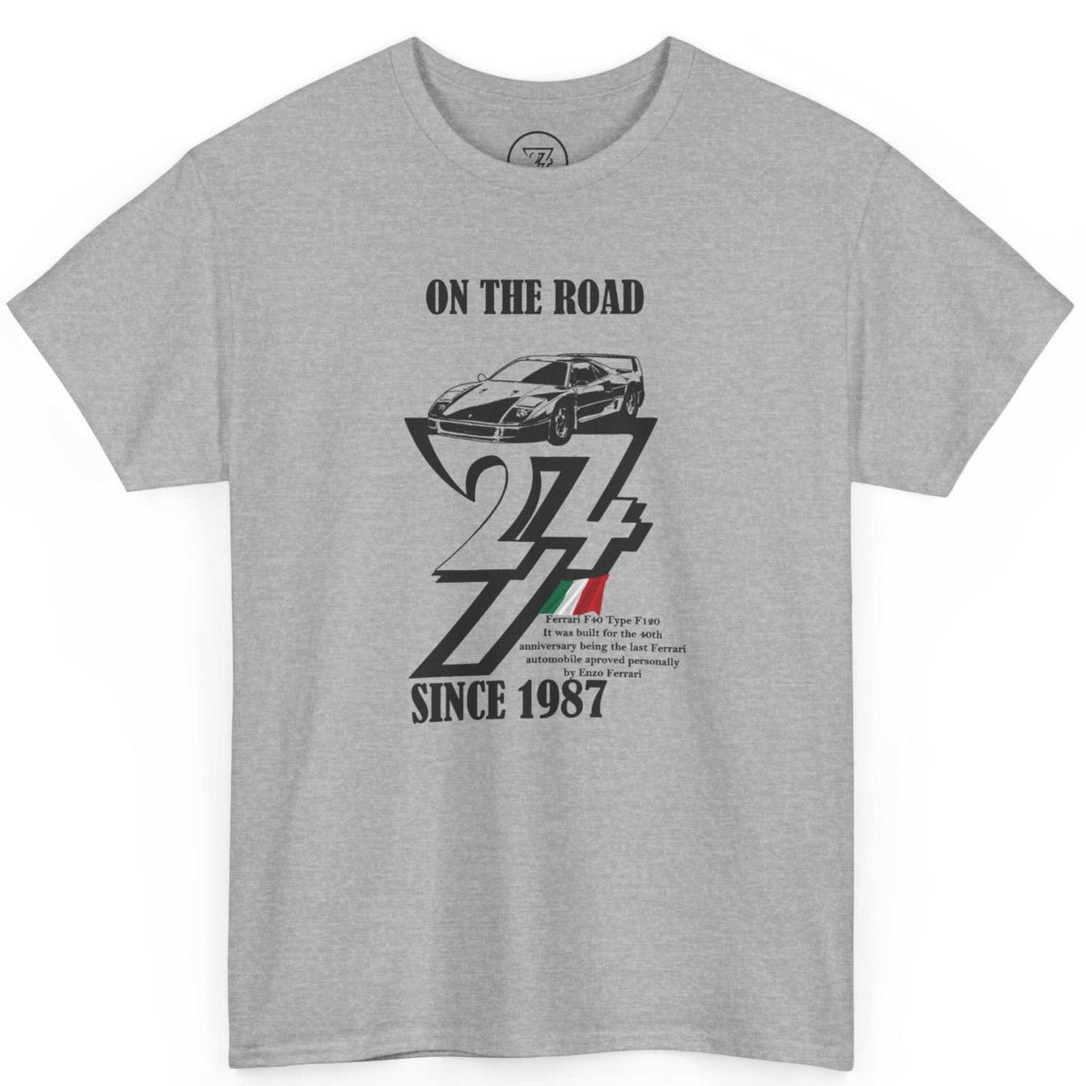 Front view of a sport gray born in 1987 t-shirt showcasing the detailed vintage racing car graphic, displayed on a clean background.