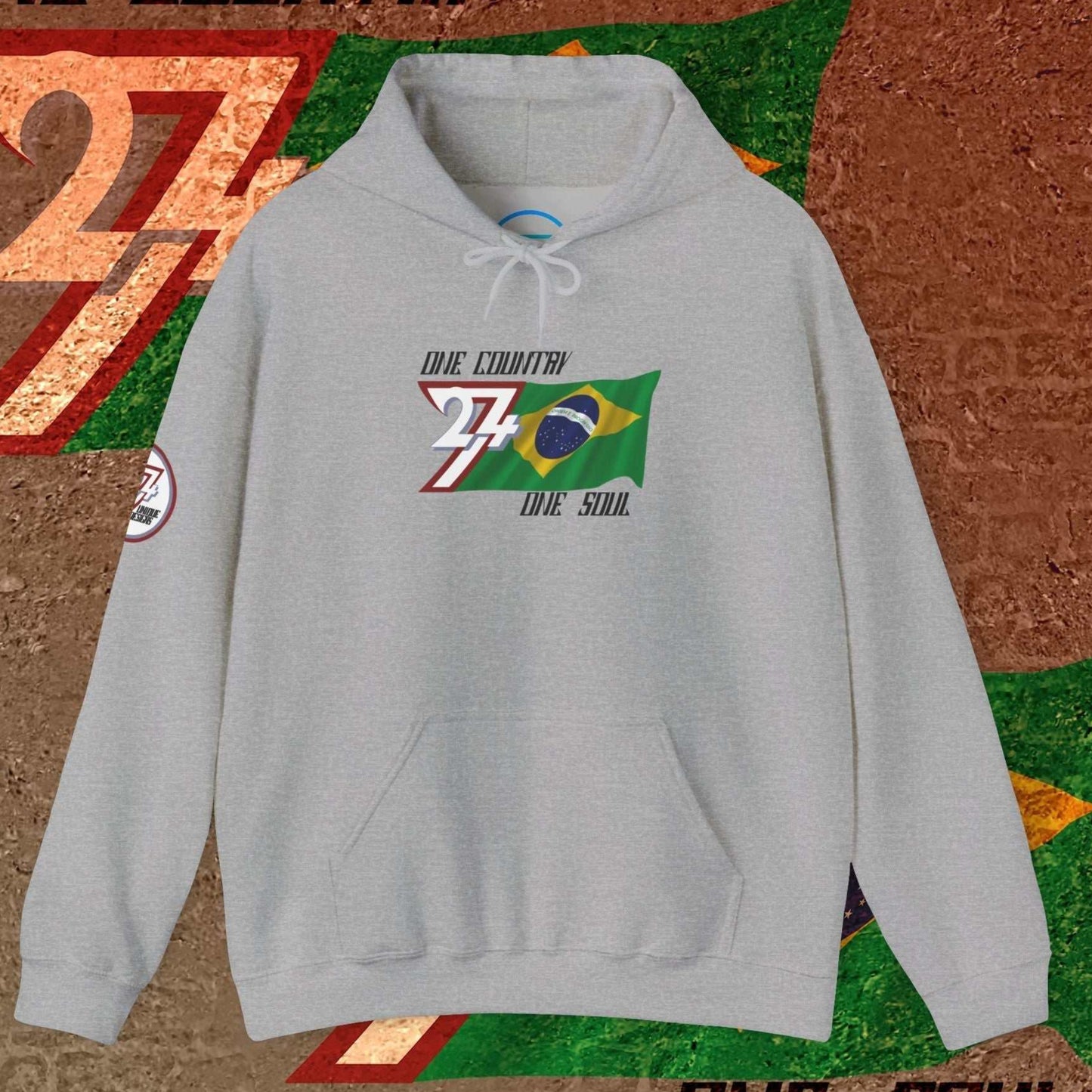 Main shot of the Sport Gray Brazil "Soul" edition hoodie with clean artist-drawn flag graphics.