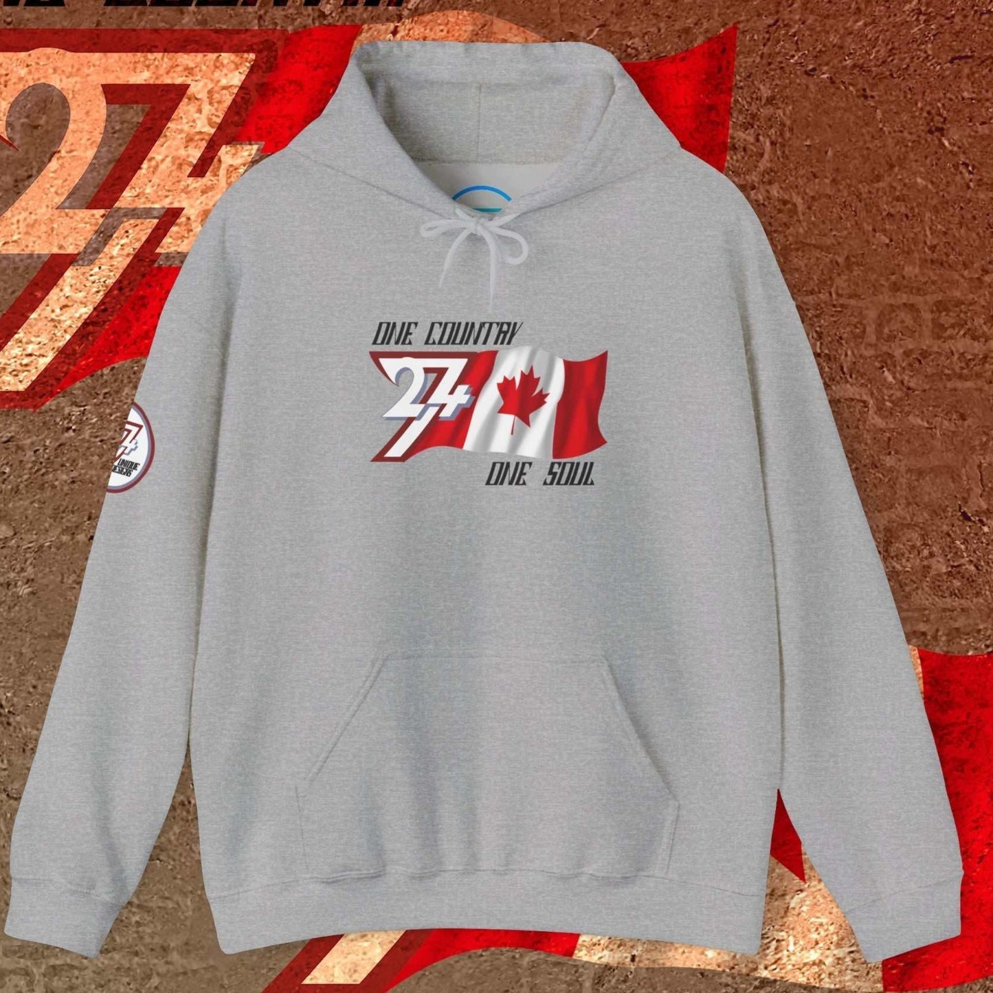 Sport Gray Canada flag hoodie showing high-contrast "Atelier" graphic and premium 8oz texture.