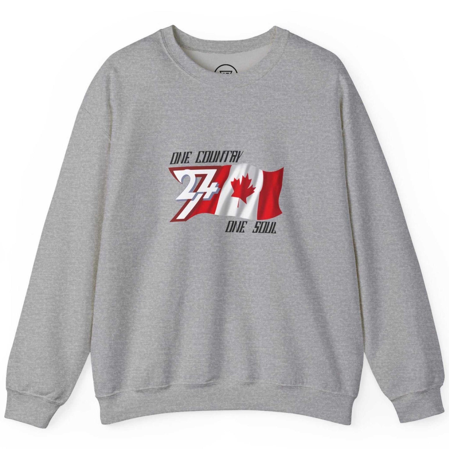 Front view of a sport gray cozy cotton blend sweatshirt with Canada flag art.