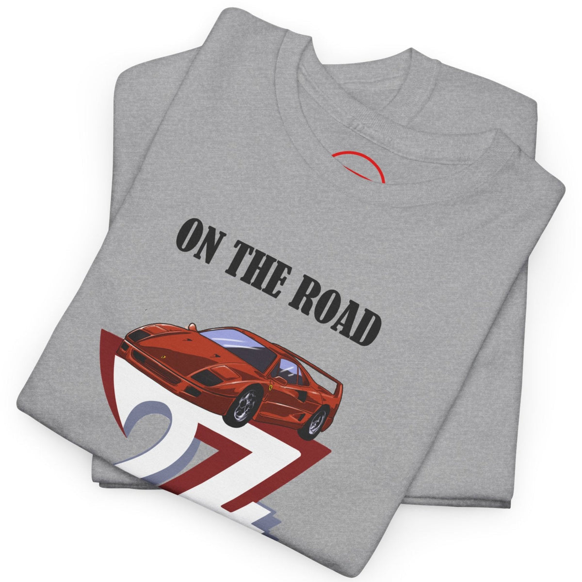 Neatly folded sport gray car enthusiast apparel highlighting the vibrant full-color digital front print and durable fabric, laid flat.