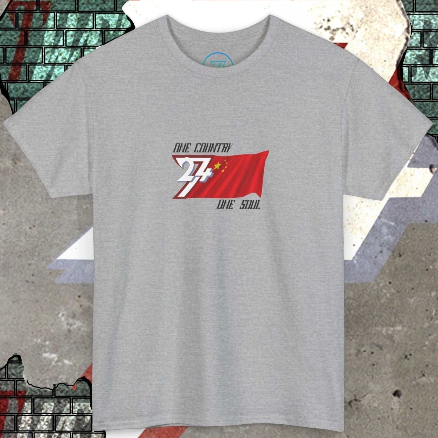Front perspective of the Sport Grey China flag tee featuring the refined artist-original design.