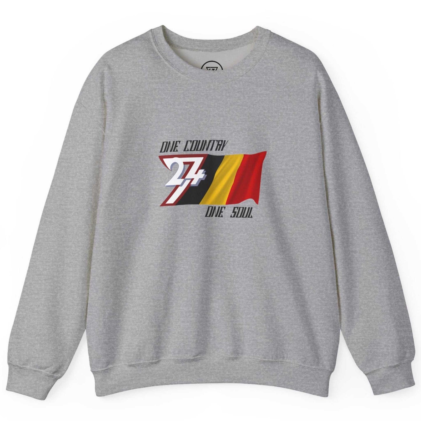 Front view of a sport gray cozy cotton blend sweatshirt with Belgium flag art.