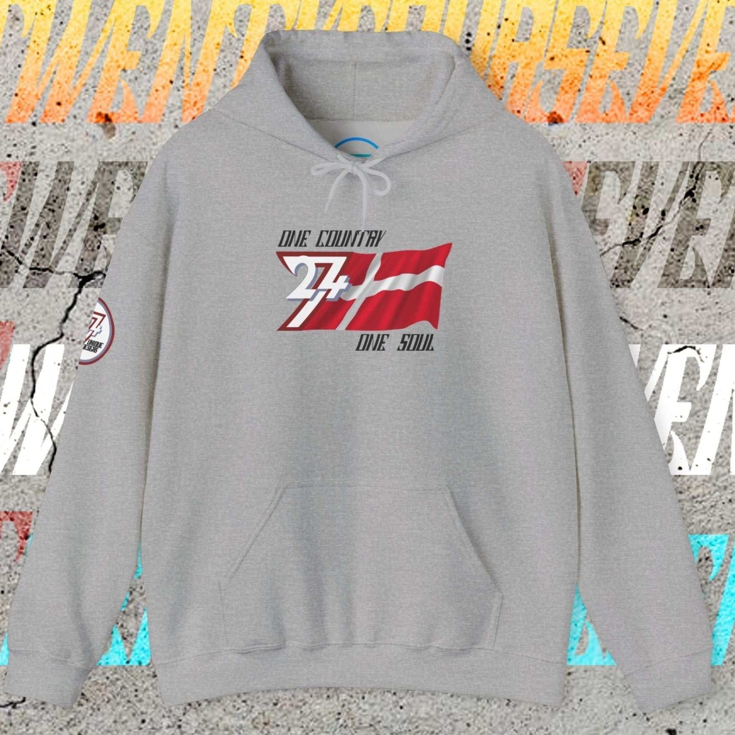 Sport Gray Denmark flag hoodie showing high-contrast "Atelier" graphic and premium 8oz texture.