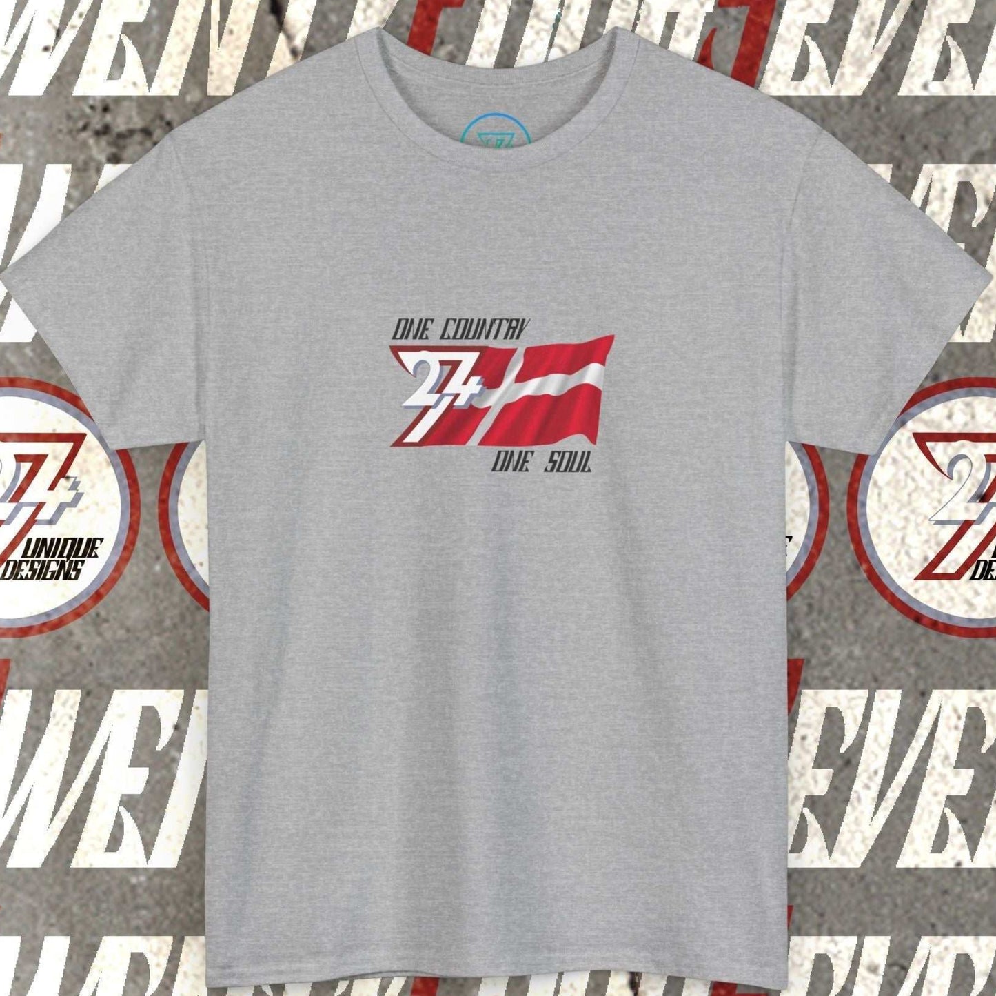 Front perspective of the Sport Grey Denmark flag tee featuring the refined artist-original design.