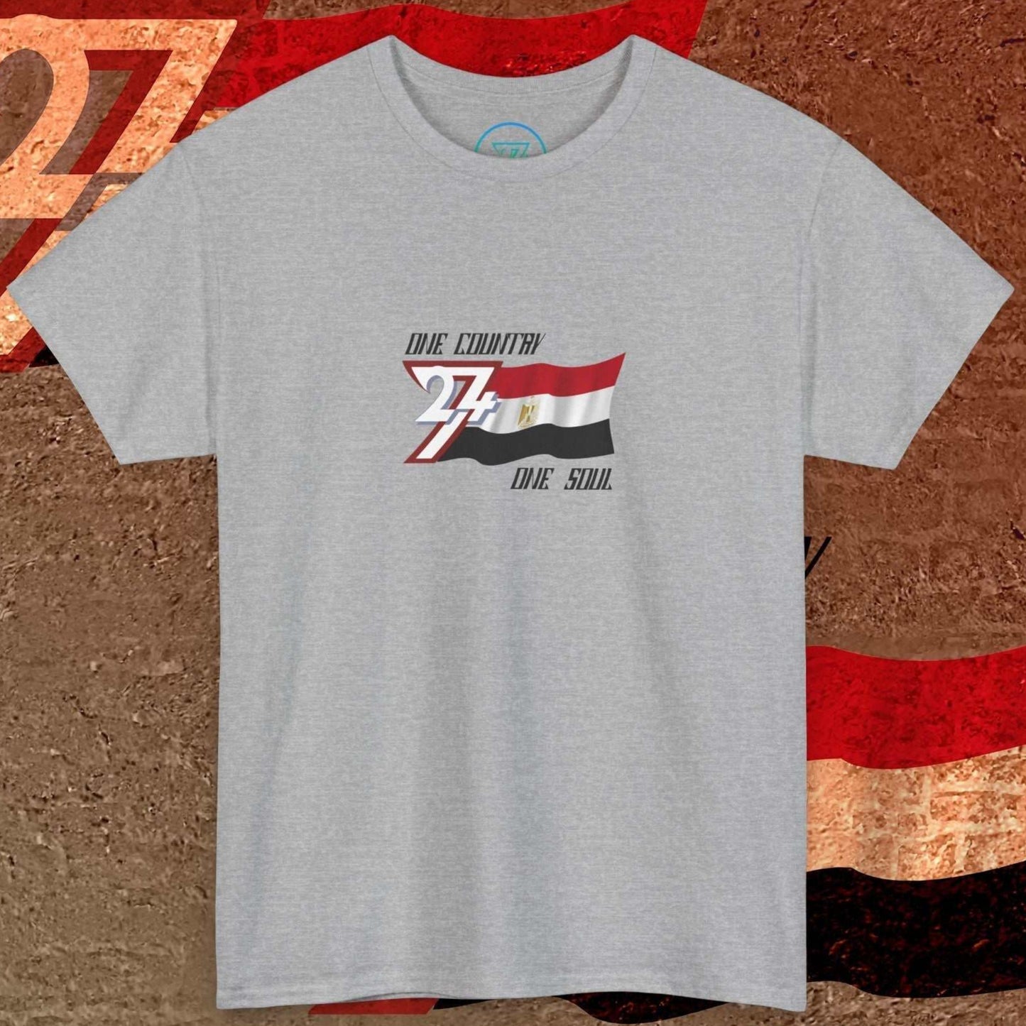 Front perspective of the Sport Grey Egypt flag tee featuring the refined artist-original design.