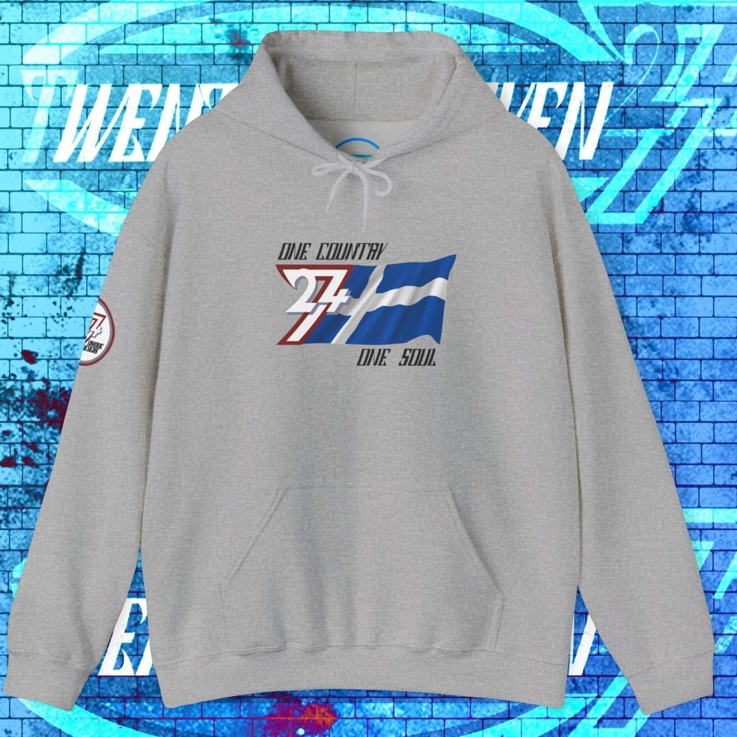 Sport Gray Finland flag hoodie showcasing the high-contrast "Atelier" style graphic and premium 8oz fleece texture.