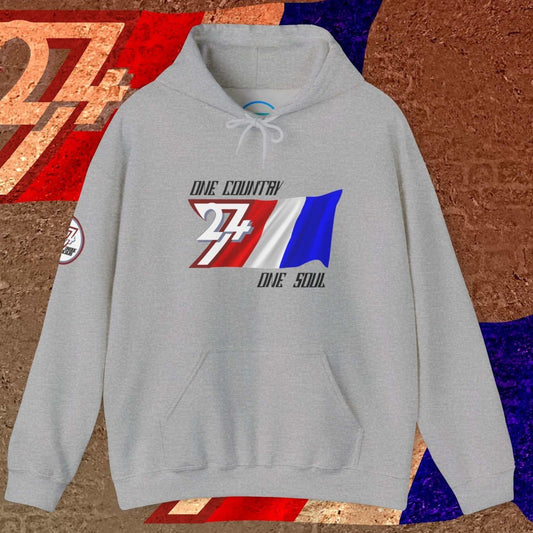 Sport Gray French flag hoodie showing the high-contrast "Atelier" style graphic and premium 8oz texture.