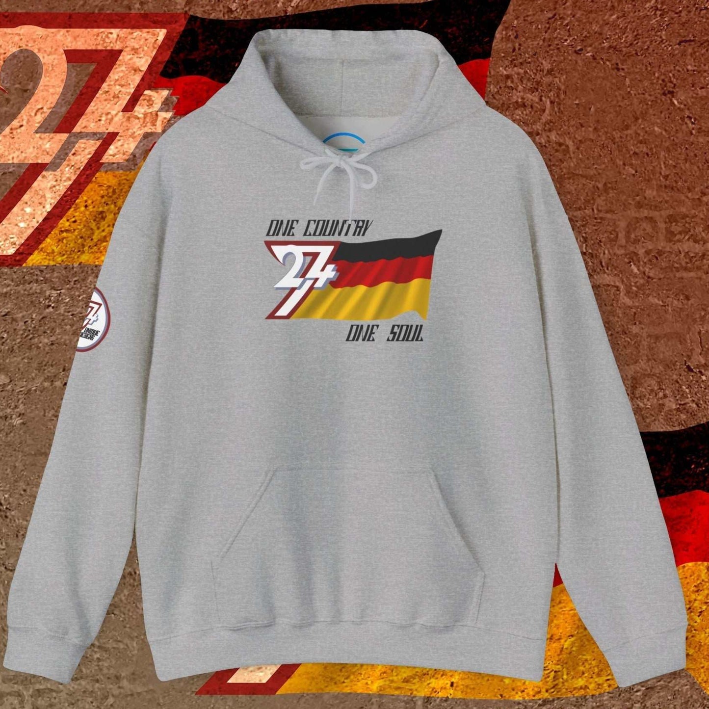 Sport Gray Germany hoodie with a high-contrast digital flag sketch and premium 8oz fabric texture.