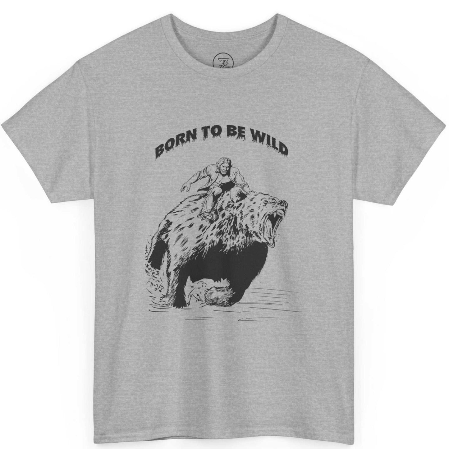 Front view of a sport gray heavy cotton bear comic unisex tee.