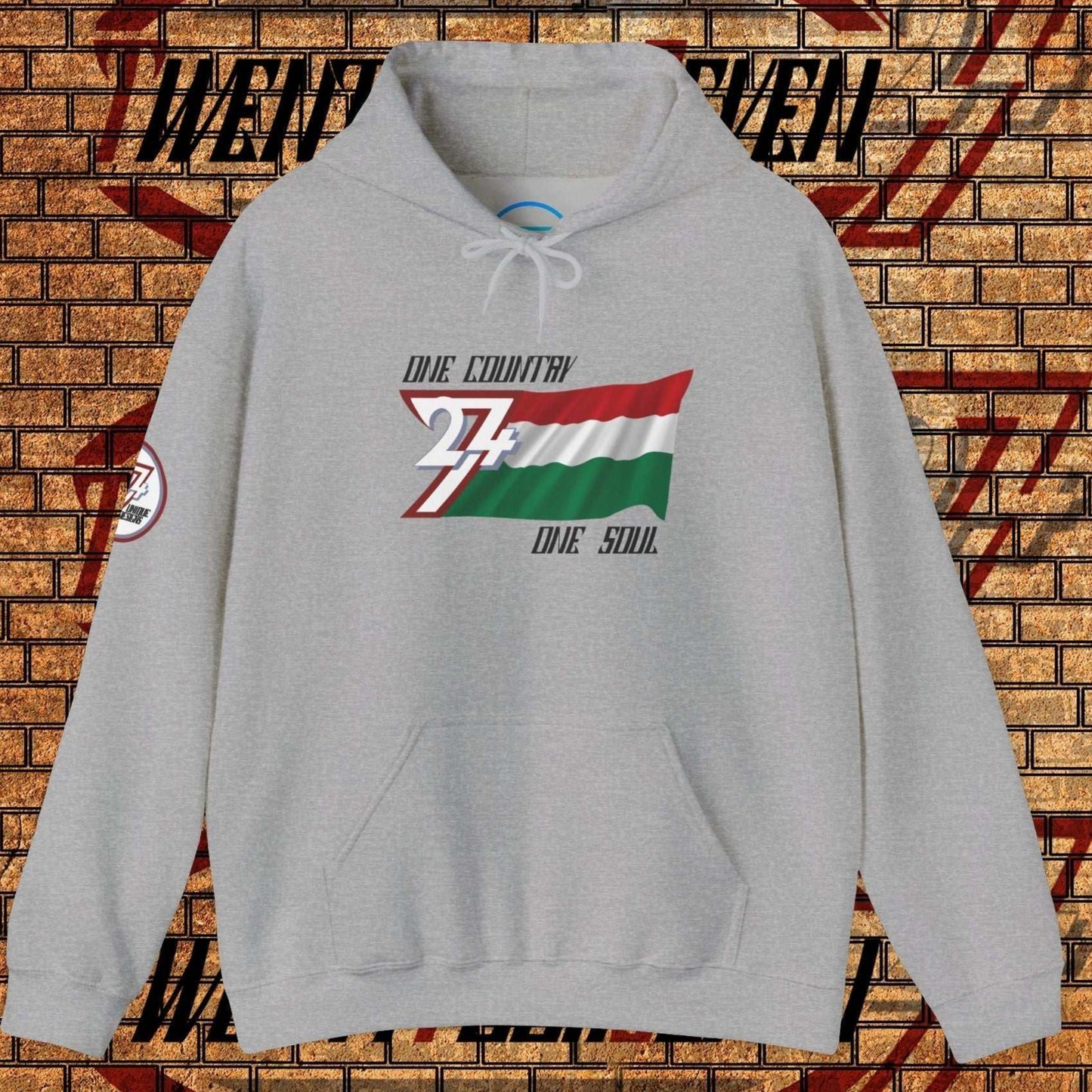 Main shot of the Sport Gray Hungary "Legacy" edition hoodie with clean artist-drawn flag graphics.