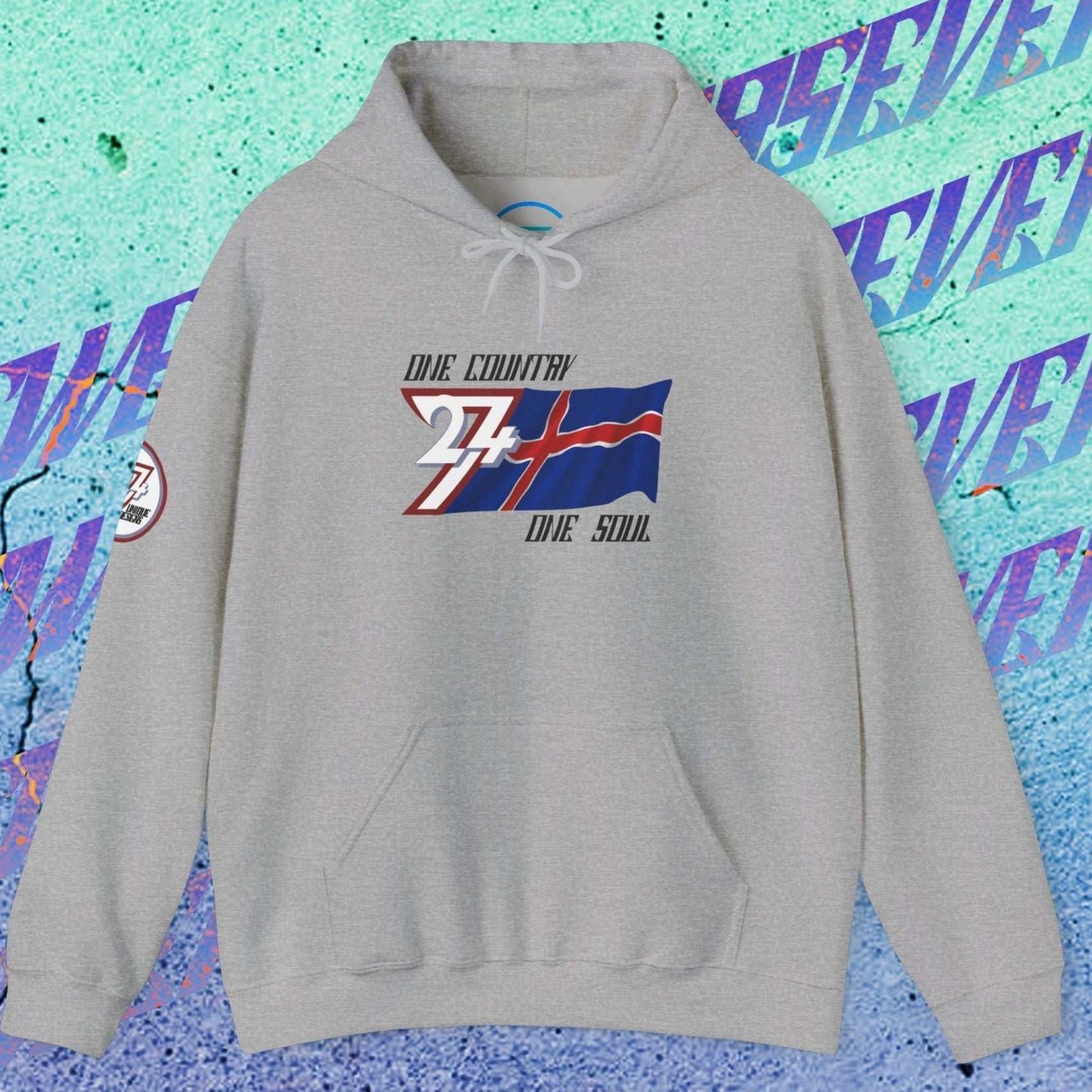 Main shot of the Sport Gray Iceland "Glacier" edition hoodie with clean artist-drawn flag graphics.