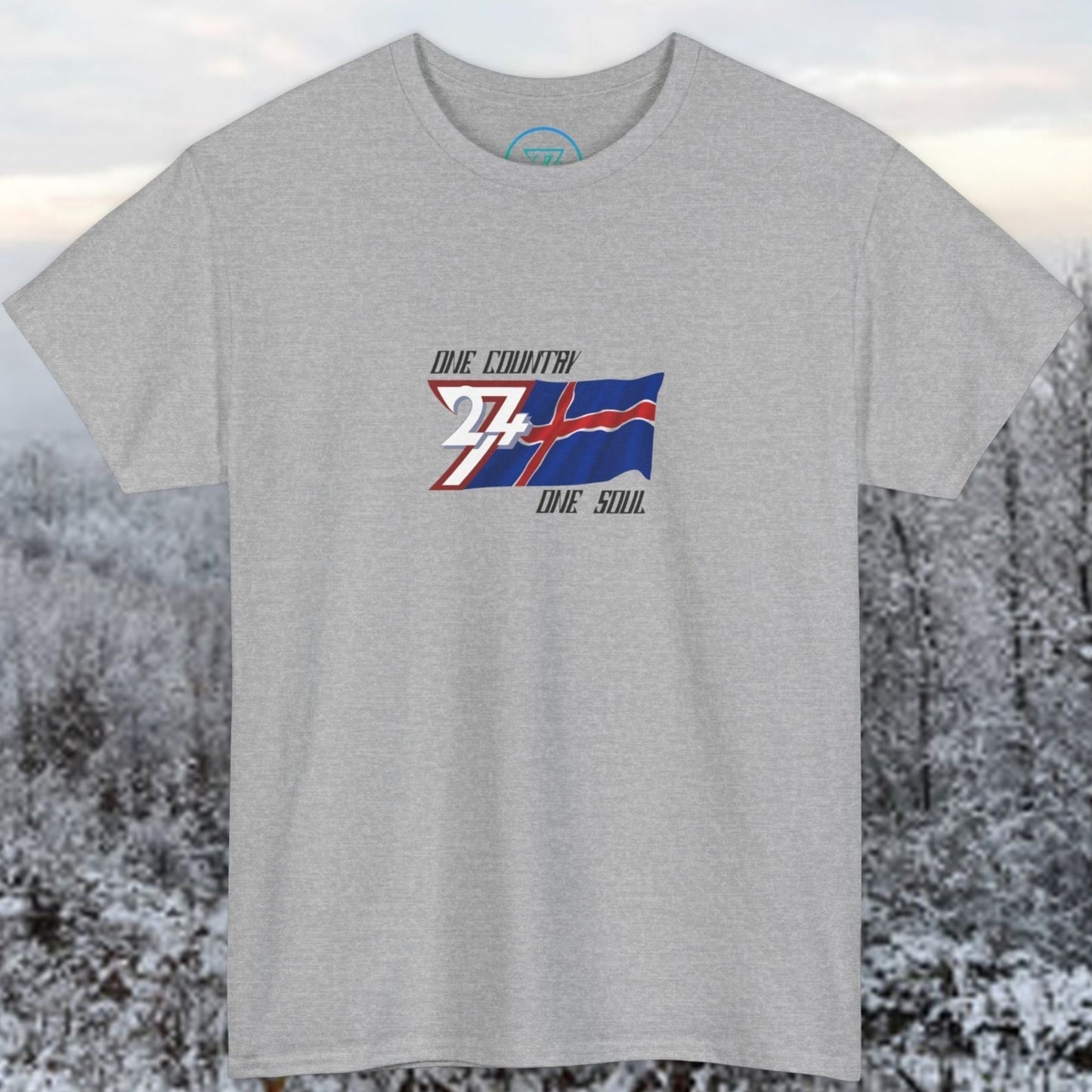 Front perspective of the Sport Gray Iceland flag tee featuring the refined artist-original design.