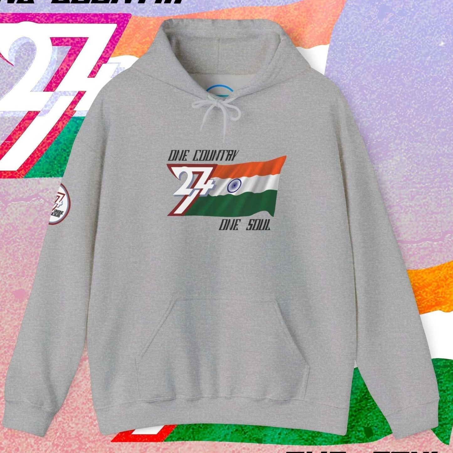 Main shot of the Sport Gray India "Aspirant" edition hoodie with clean artist-drawn flag graphics.