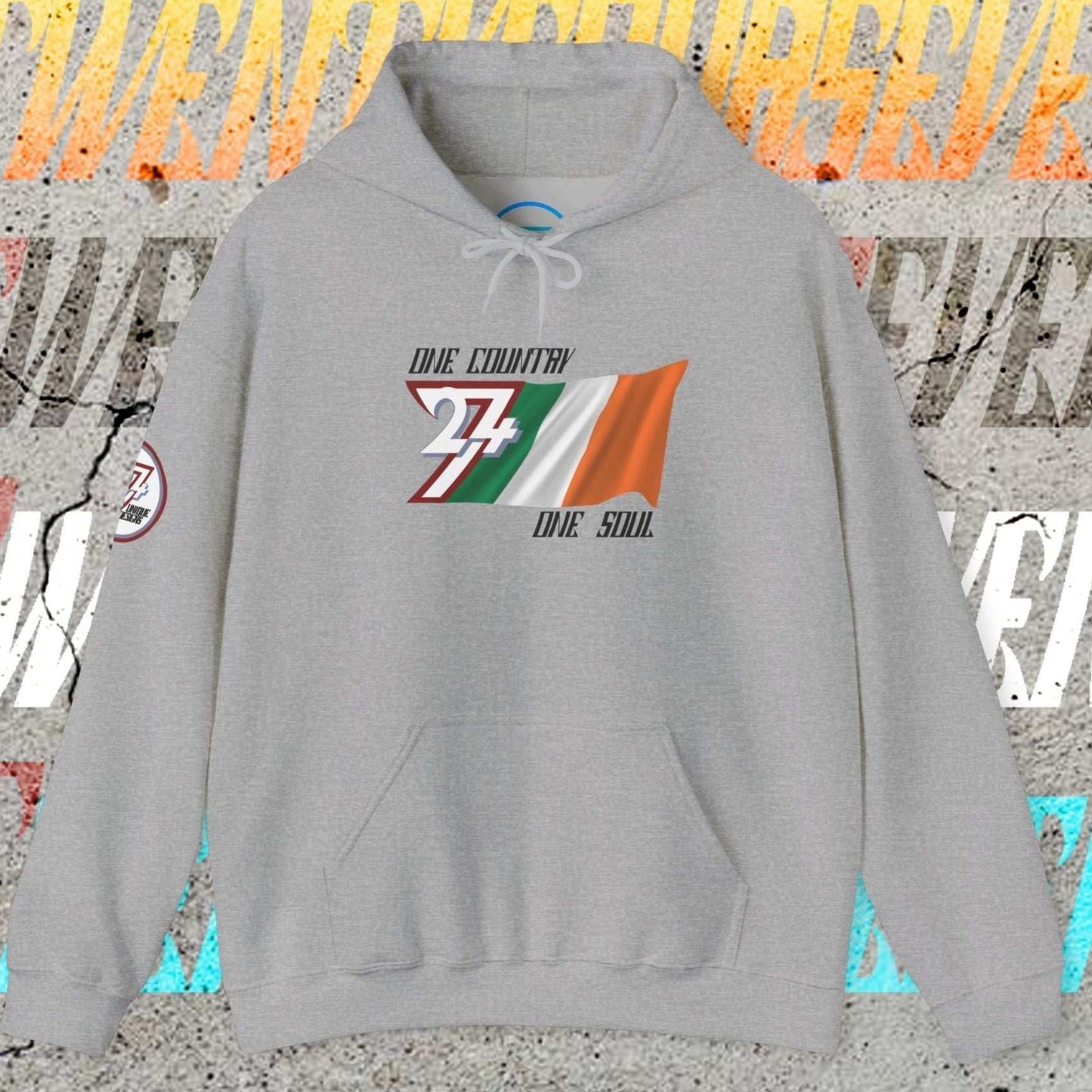Main shot of the Sport Gray Ireland "Resilience" edition hoodie with clean artist-drawn flag graphics.