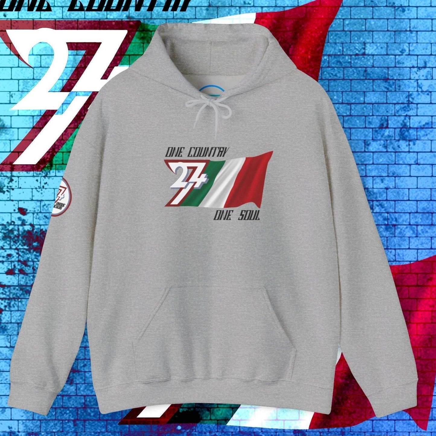Main shot of the Sport Gray Italy "Heritage" edition hoodie with clean artist-drawn flag graphics.