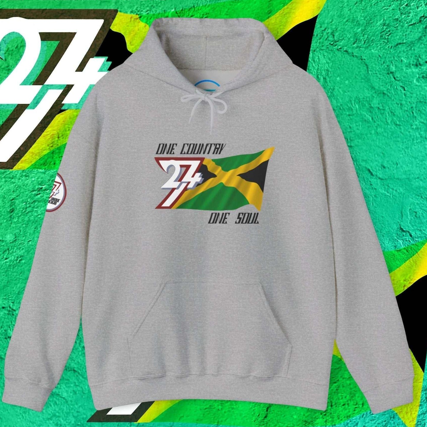 Main shot of the Sport Gray Jamaica "Everlasting" edition hoodie with clean artist-drawn flag graphics.