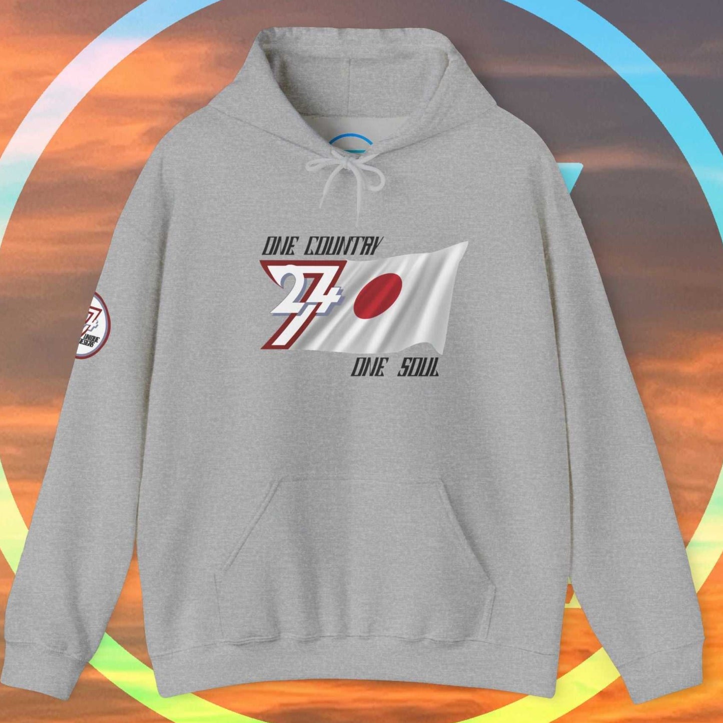 Main shot of the Sport Gray Japan "Zenith" edition hoodie with clean artist-drawn flag graphics.