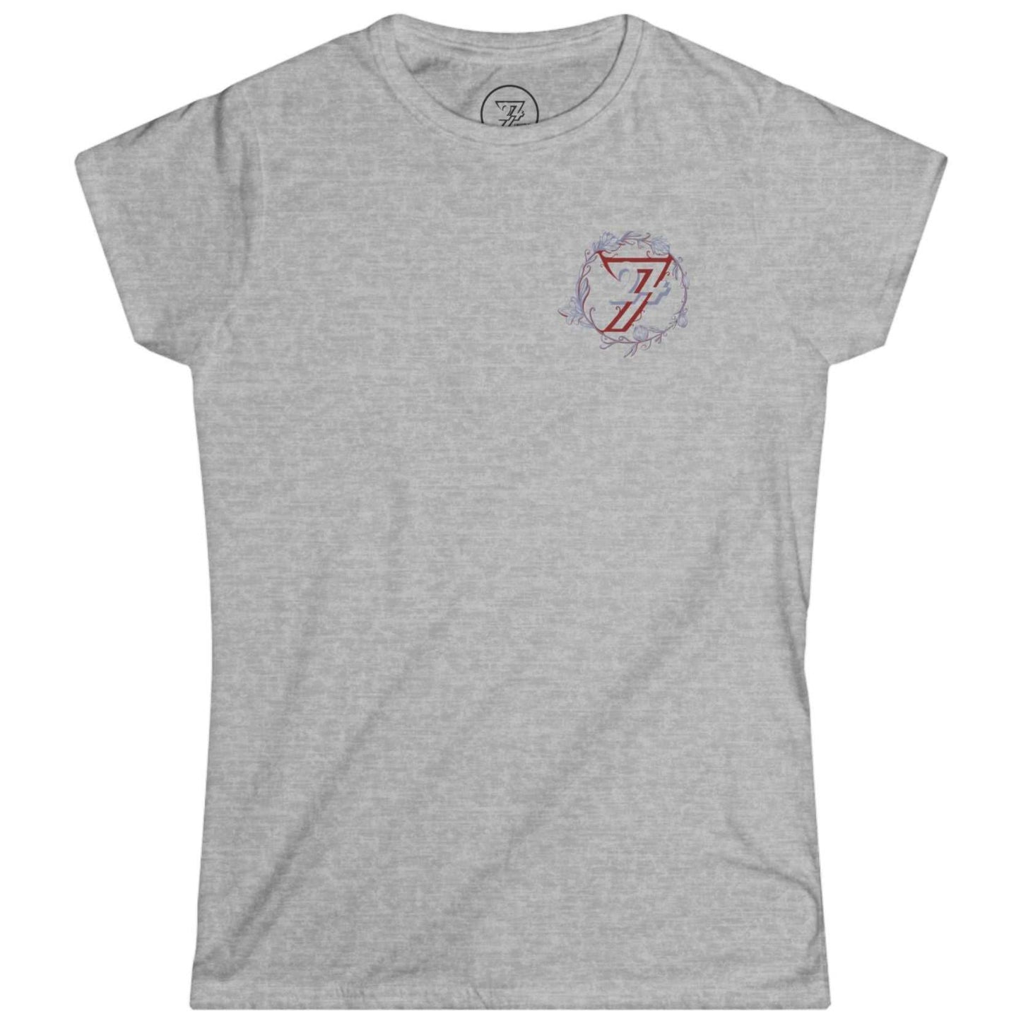 Sport gray classic fit women's tee with a small minimalist floral logo.