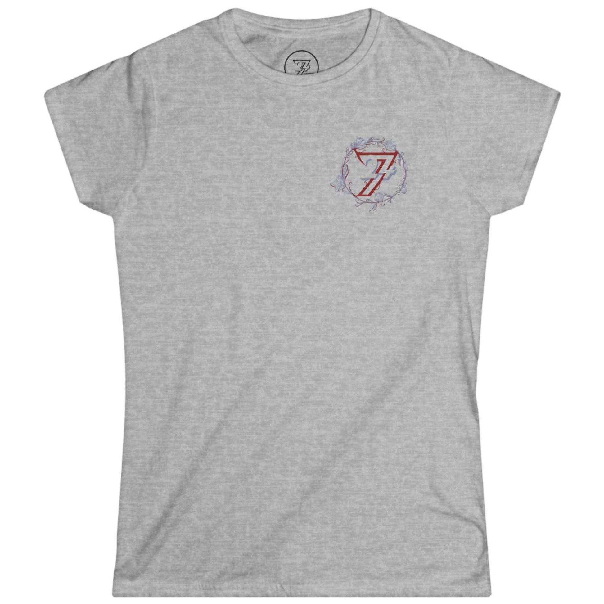 Sport gray classic fit women's tee with a small minimalist floral logo.