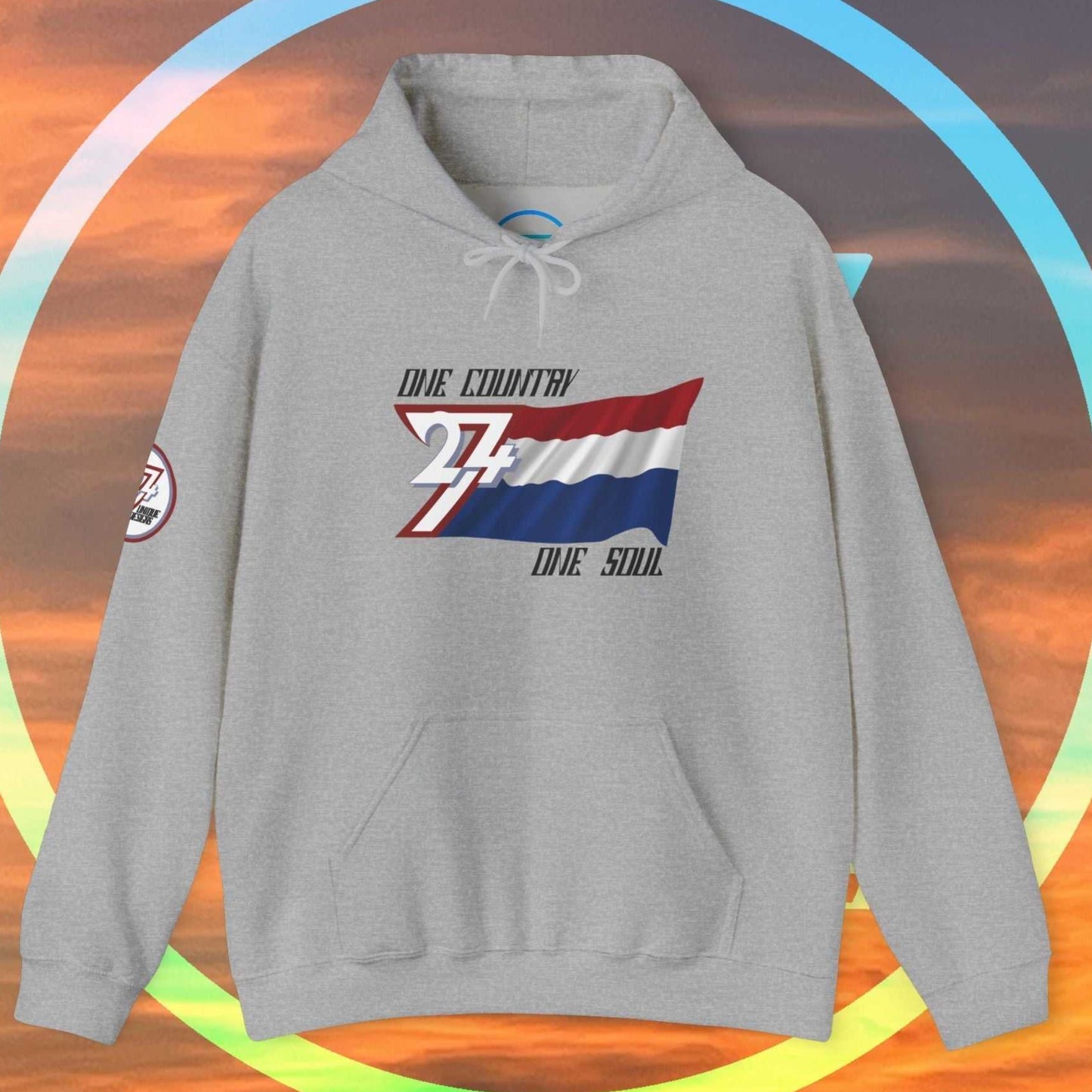 Main shot of the Sport Gray Netherlands "Oranje" edition hoodie with clean artist-drawn flag graphics.