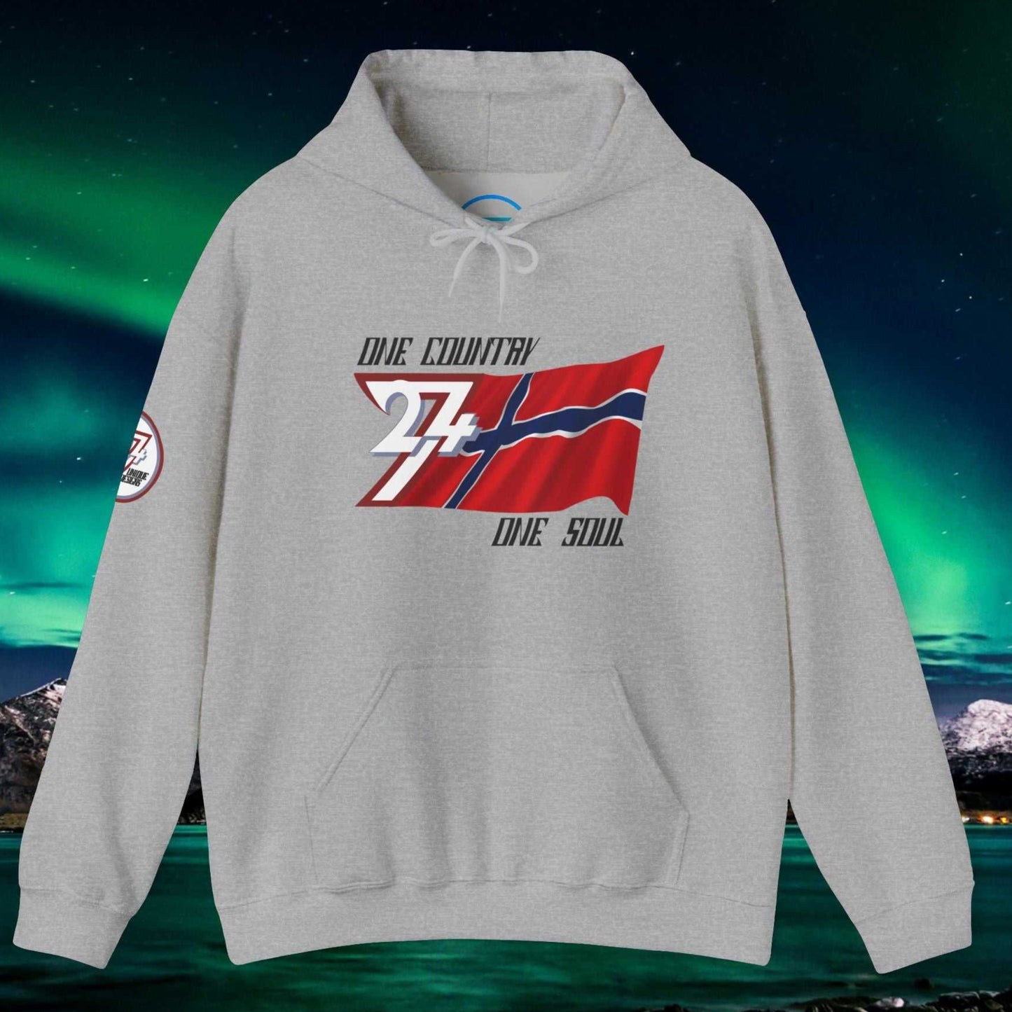 Main shot of the Sport Gray Norway "Aurora" edition hoodie with clean artist-drawn flag graphics.