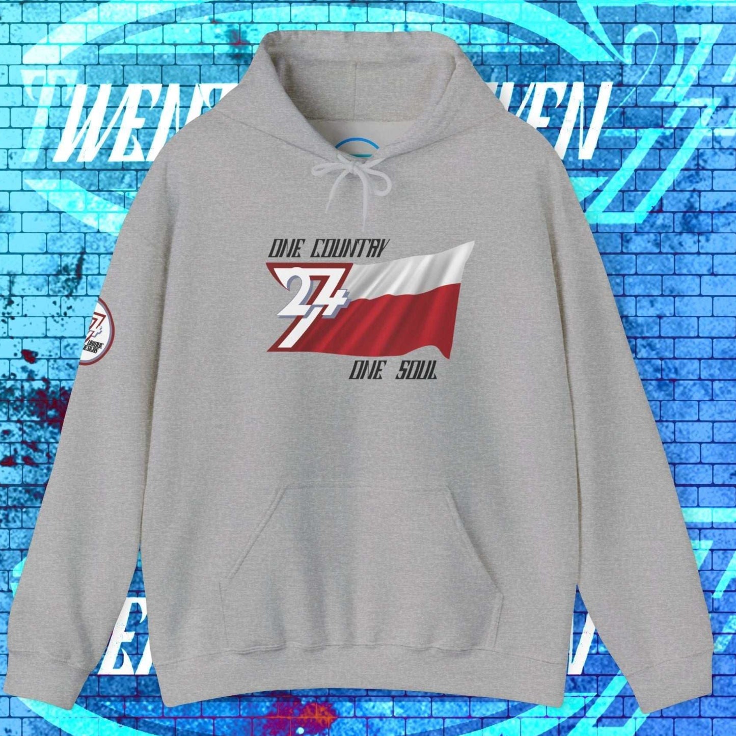 Main shot of the Sport Gray Poland "Unity" edition hoodie with clean artist-drawn flag graphics.