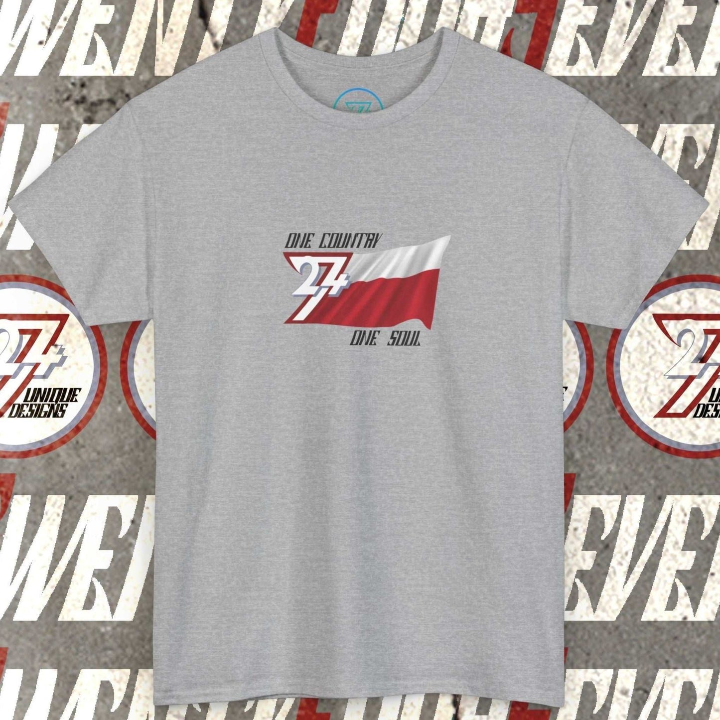 Front view of a sport gray graphic t-shirt featuring a digitally hand-drawn Poland flag design.