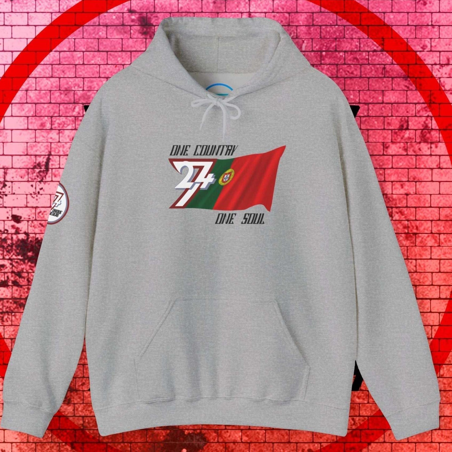 Main shot of the Sport Gray Portugal "Navegador" edition hoodie with clean artist-drawn flag graphics.
