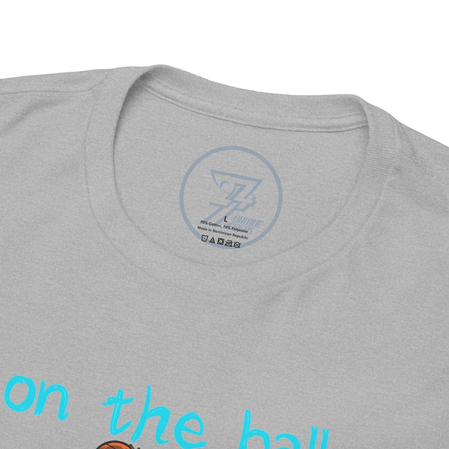 Close-up of the clean crew neckline on the sport gray retro basketball graphic tee, clearly showing the official 24/7 Unique Designs trademark logo inner label branding.