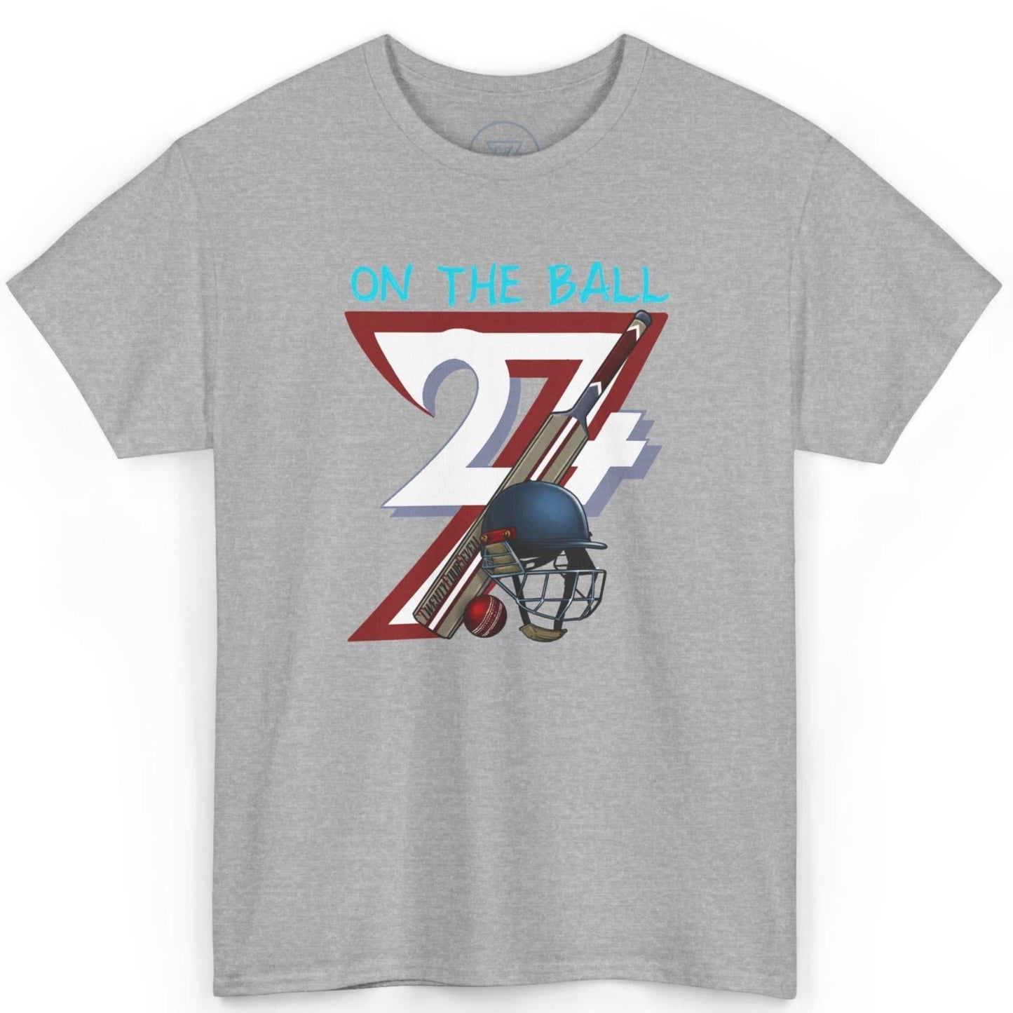 Front view of a sport gray retro cricket clothing tee featuring the digitally hand-drawn sports graphic, laid flat.