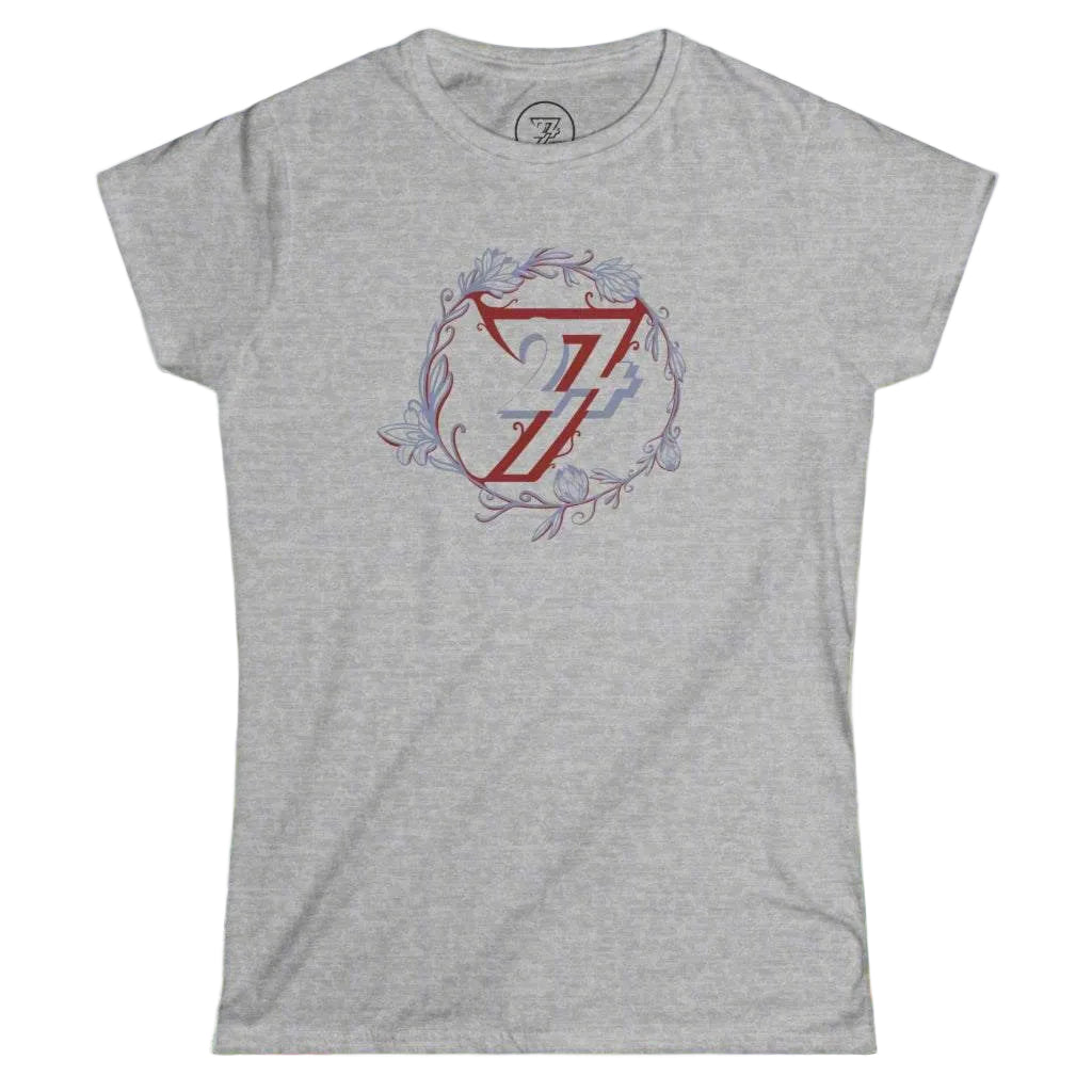 Sport gray women's short sleeve shirt showcasing a round floral and logo illustration.