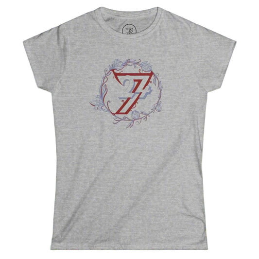 Sport gray women's short sleeve shirt showcasing a round floral and logo illustration.