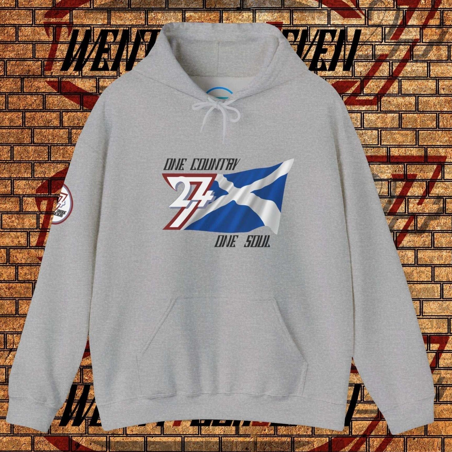 Main shot of the Sport Gray Scotland "Highland" edition hoodie with clean artist-drawn flag graphics.