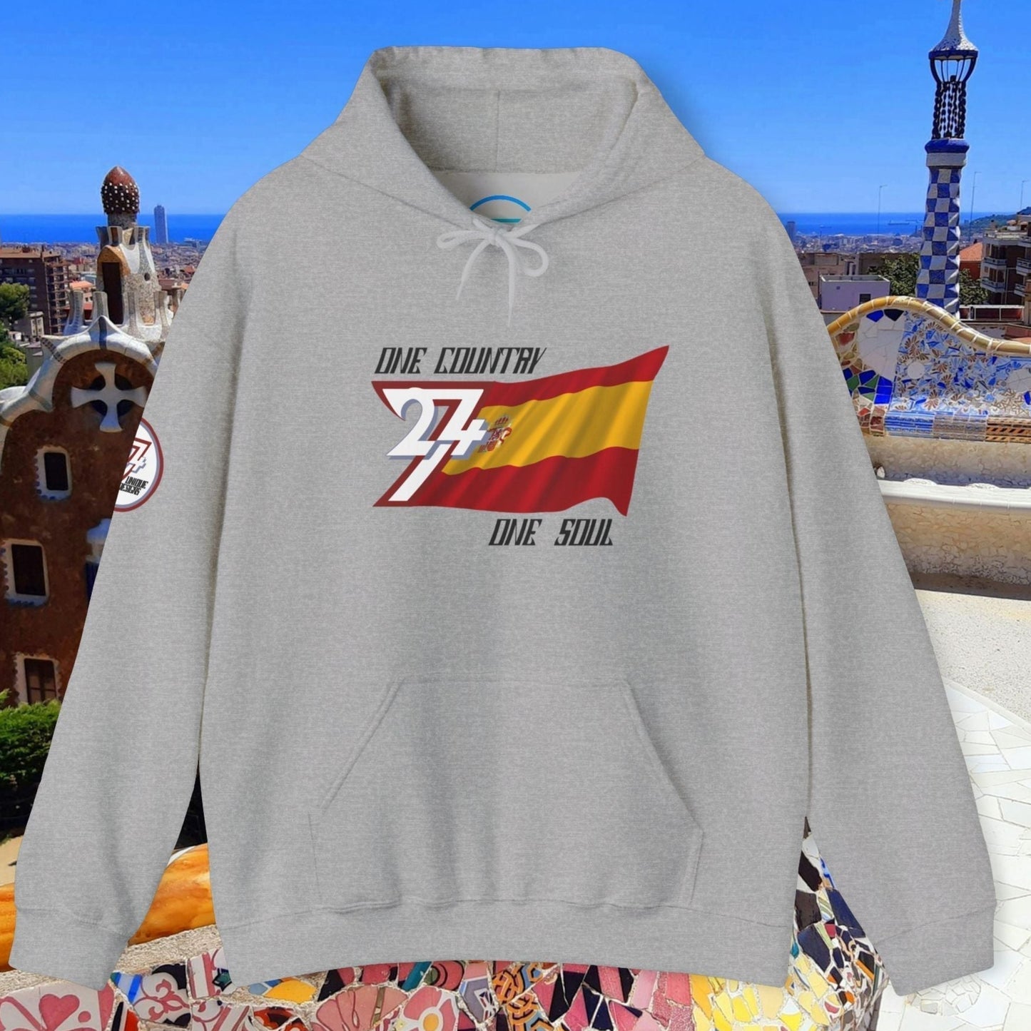 Main shot of the Sport Gray España "Pasión" edition hoodie with clean artist-drawn flag graphics.