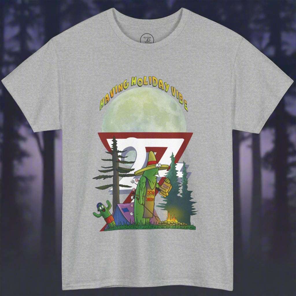 Sport gray funny vacation shirt displaying a hand-drawn camping joke with a cheering small cactus and a giant moon.