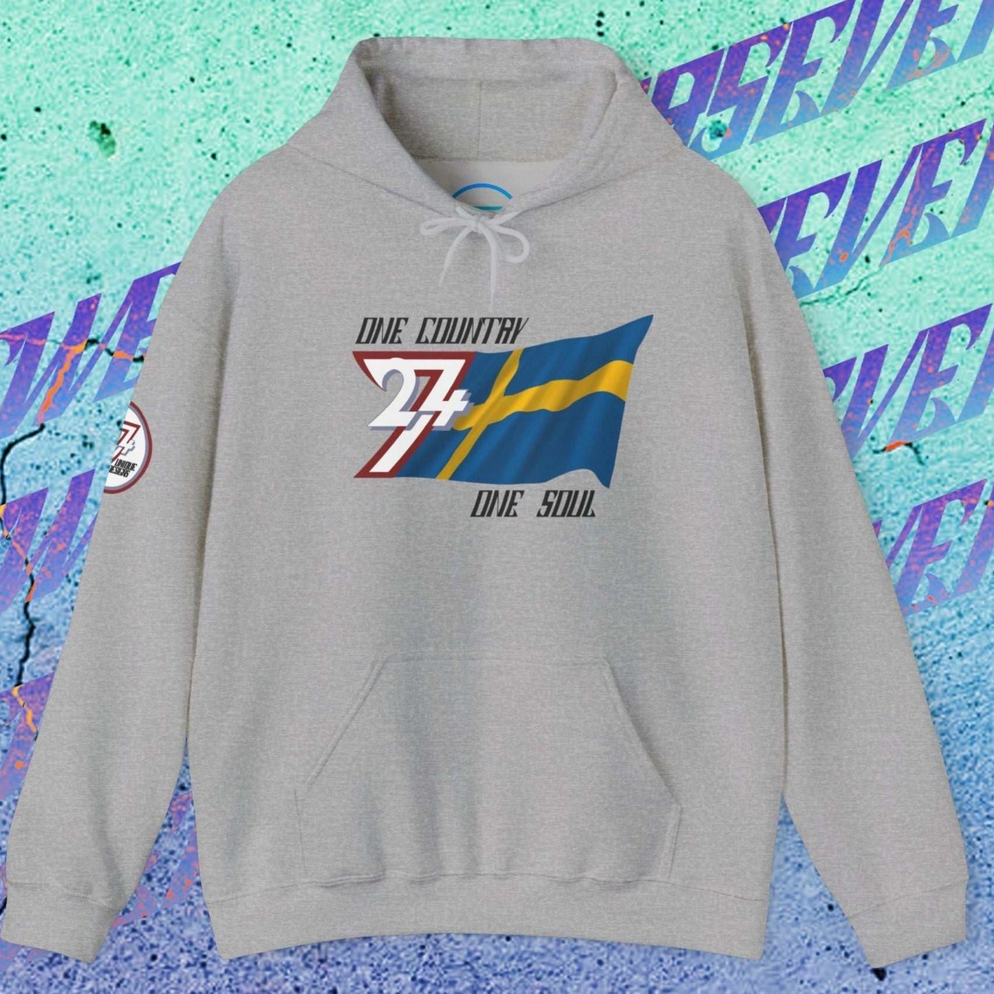 Main shot of the Sport Gray Sverige "Essence" edition hoodie with clean artist-drawn flag graphics.