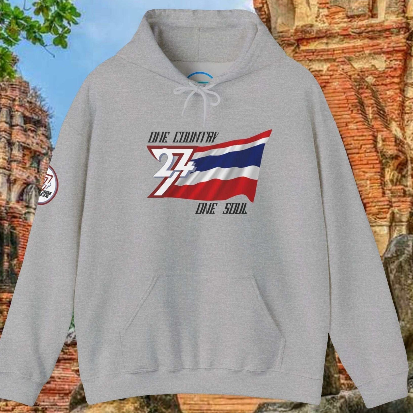 Main shot of the Sport Gray Thailand "Spirit" edition hoodie with clean artist-drawn flag graphics.