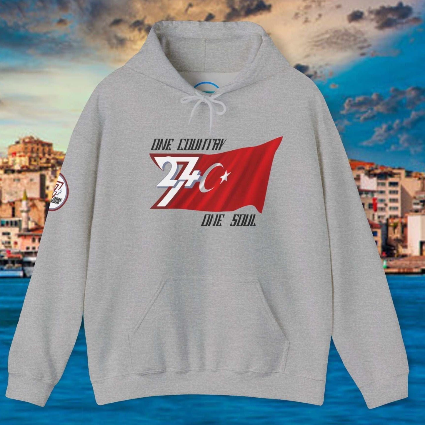 Main shot of the Sport Gray Türkiye "Crescent" edition hoodie with clean artist-drawn flag graphics.