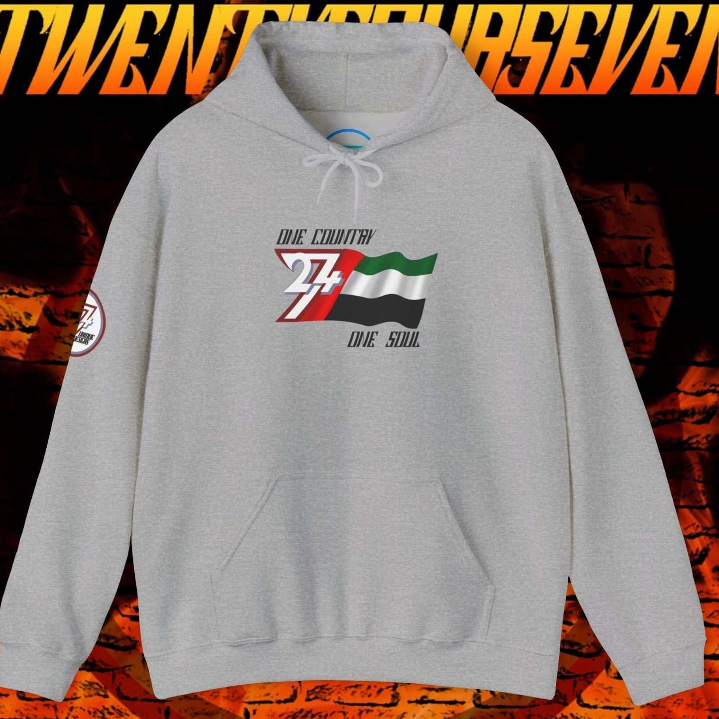 Main shot of the Sport Gray UAE "Vision" edition hoodie with clean artist-drawn flag graphics.