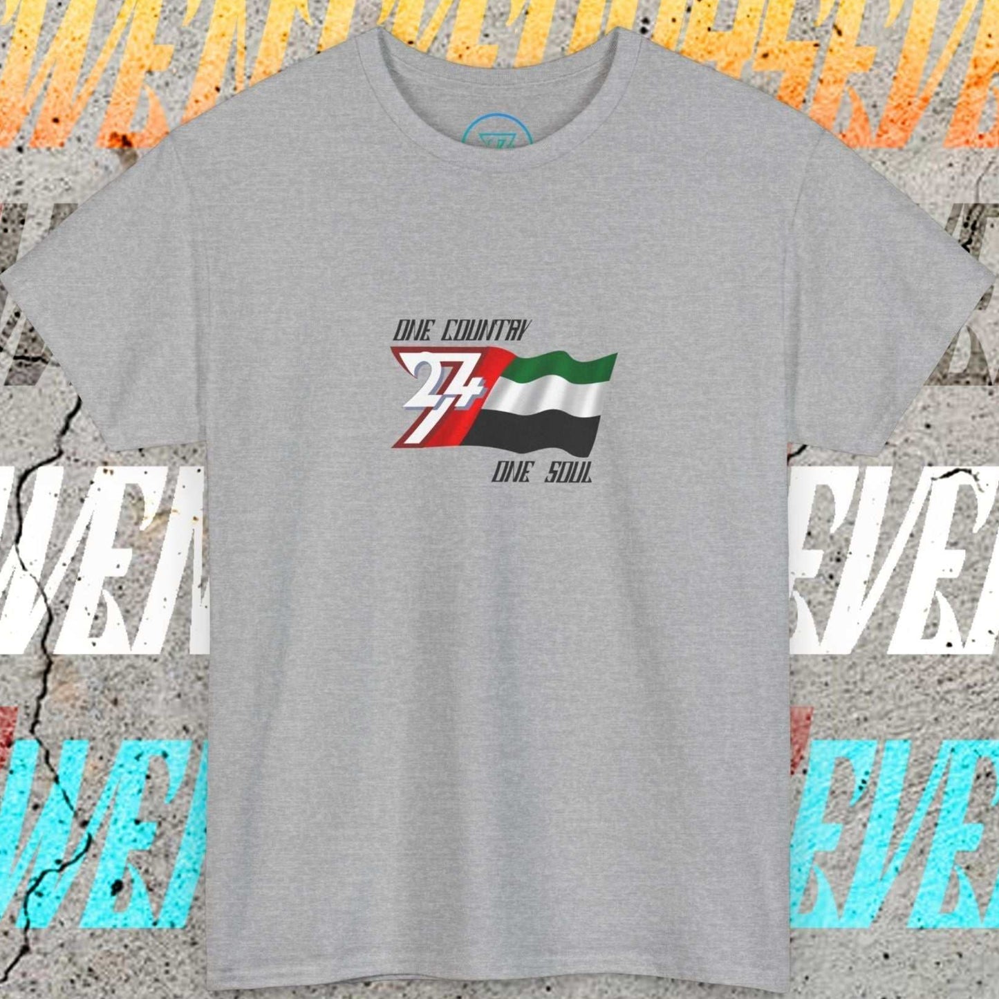 Front perspective of the Sport Grey UAE flag tee featuring the refined artist-original design.