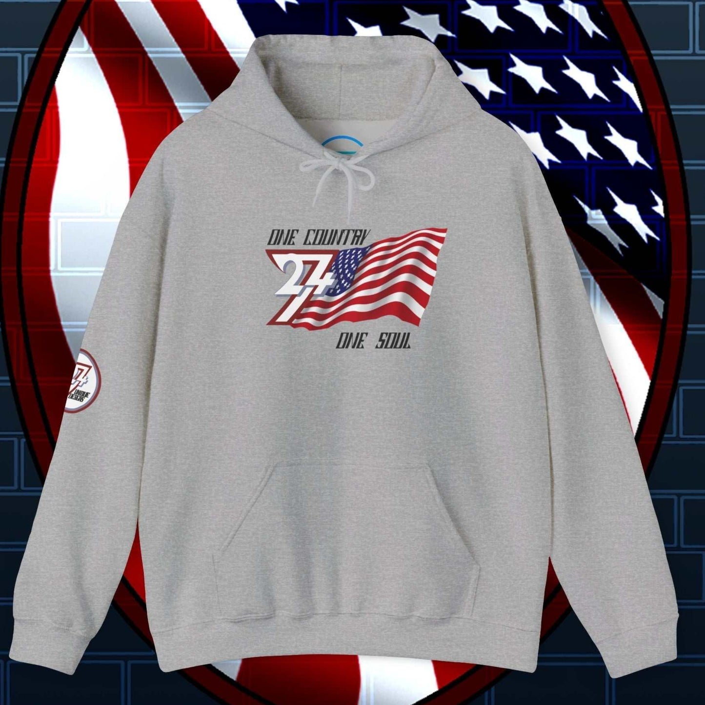 Main shot of the Sport Gray USA "Legacy" edition hoodie with clean artist-drawn flag graphics.