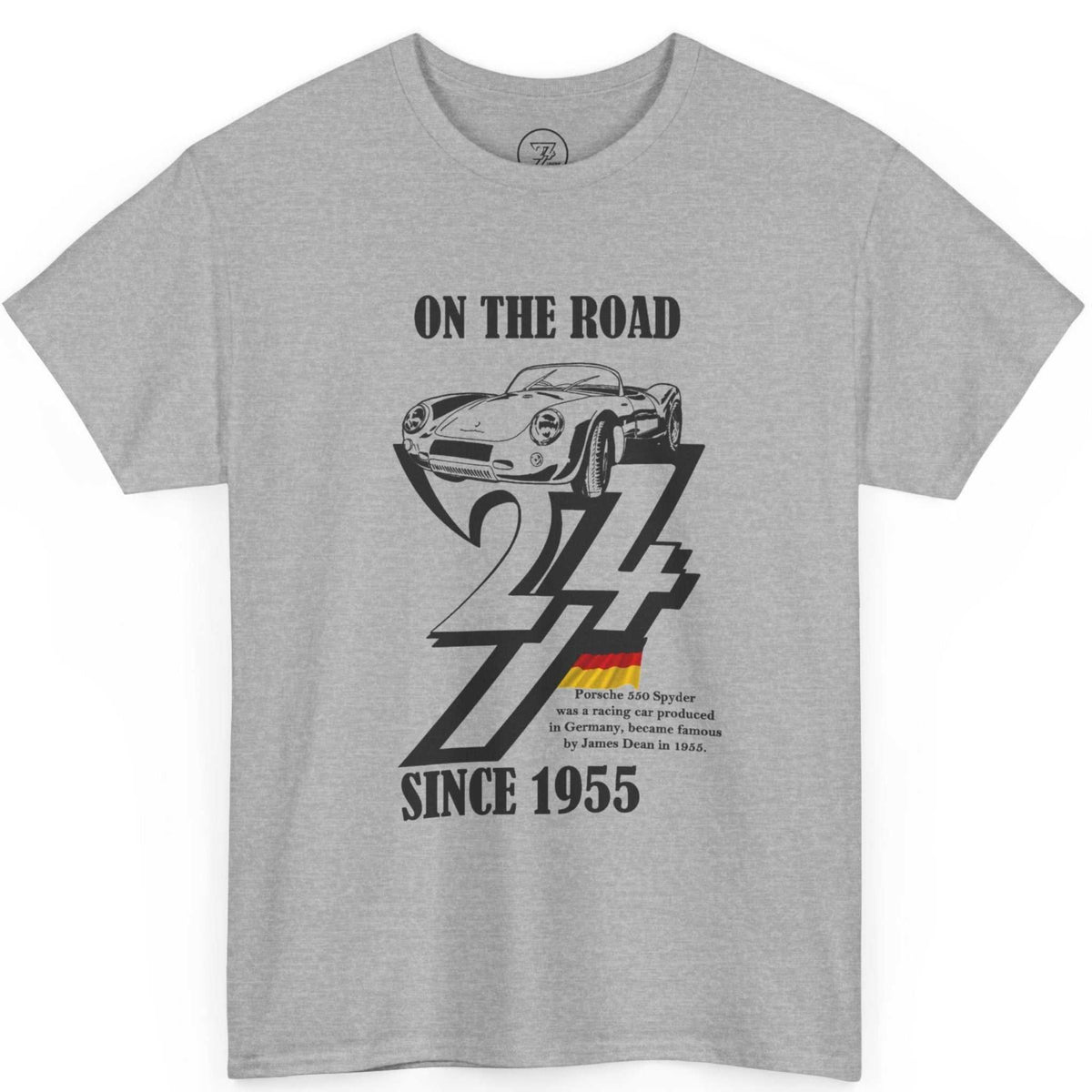 Front view of a sport gray vintage Porsche 550 Spyder shirt featuring the black hand-drawn car illustration, displayed on a clean background.