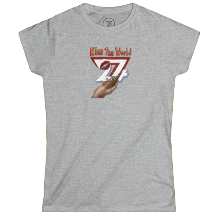 Sport gray women's global positivity graphic tee displaying the artist-drawn hand and lipstick design.
