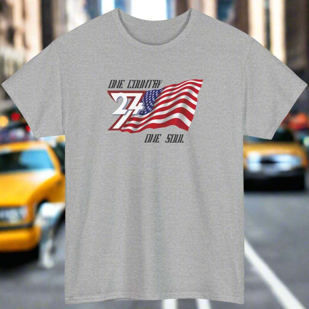 Gray USA Graphic Tee with "One Country One Soul" slogan and American flag design