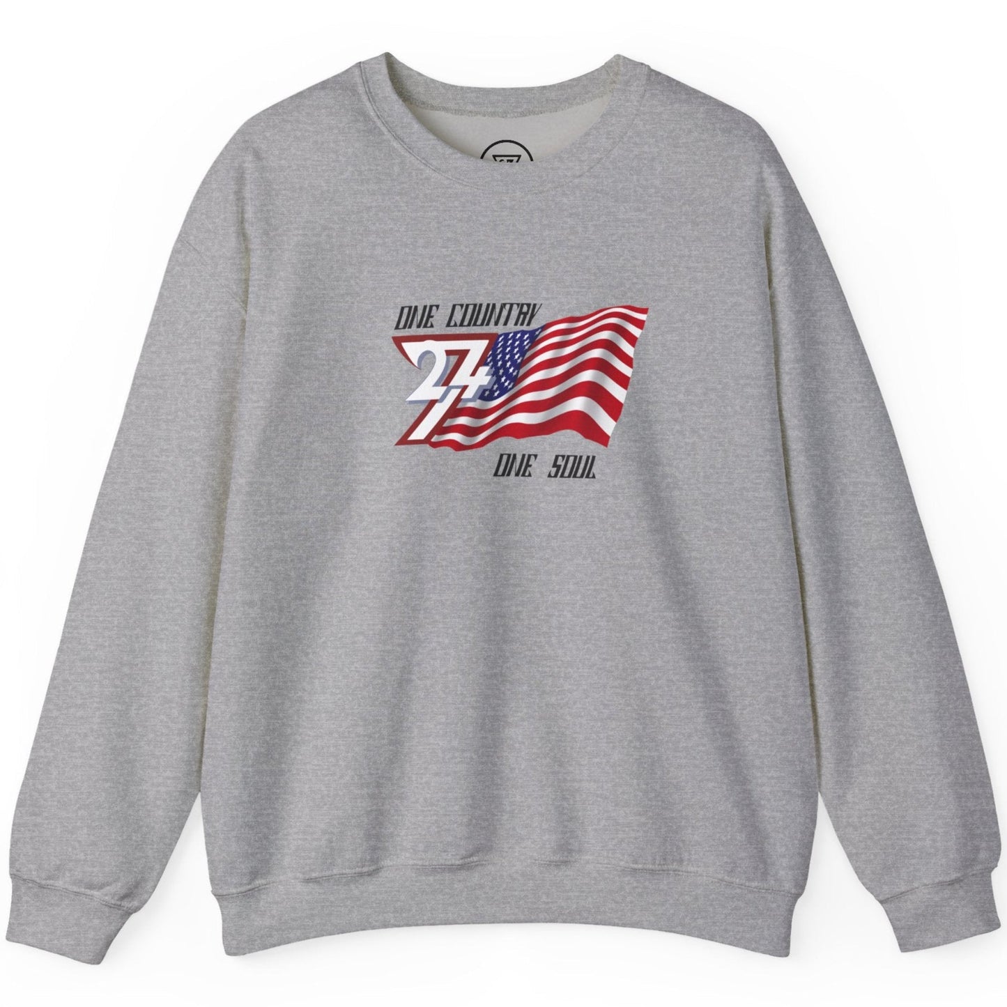 Athletic sport grey Americana streetwear pullover displaying the bold 24/7 logo and flag, shown on a clean background.