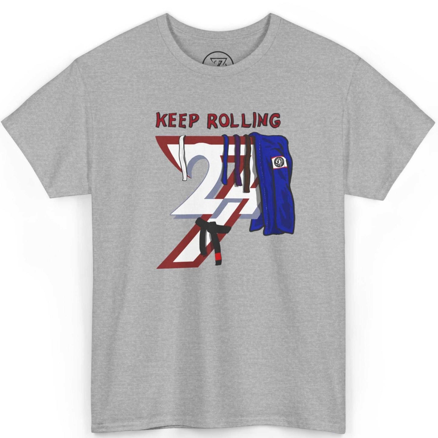 Front view of an athletic sport grey BJJ grading gift tee showcasing the colorful martial arts belts design, laid flat.
