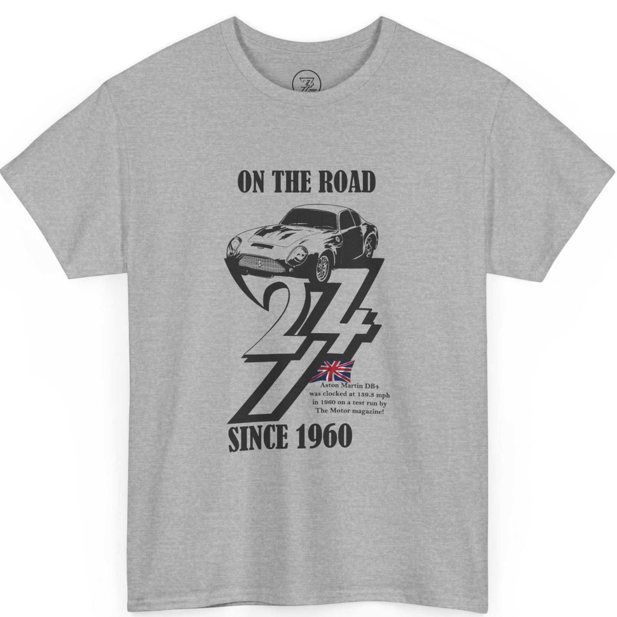 Front view of a sport grey classic car graphic tee highlighting the 1960 birth year and British flag design, laid flat.