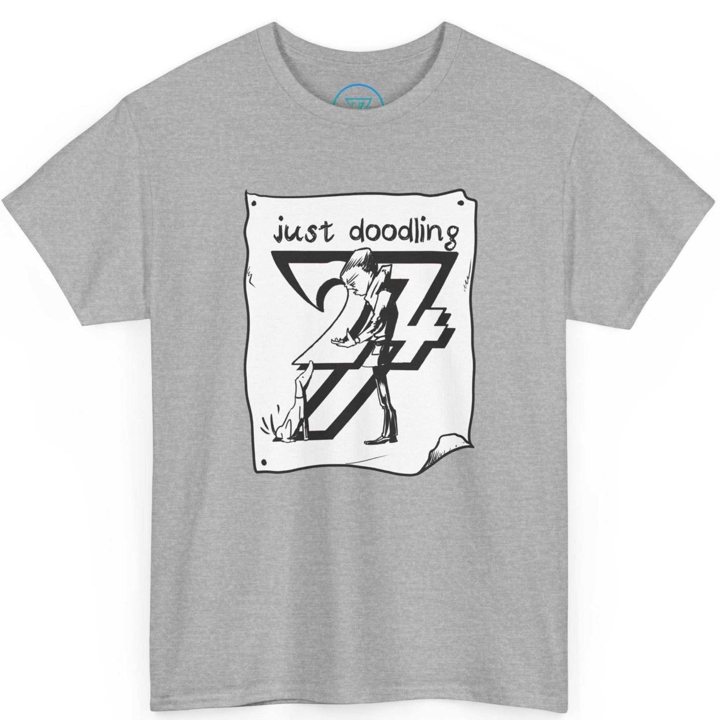 Athletic grey comic line art pet apparel highlighting the monochrome caricature design, laid flat.